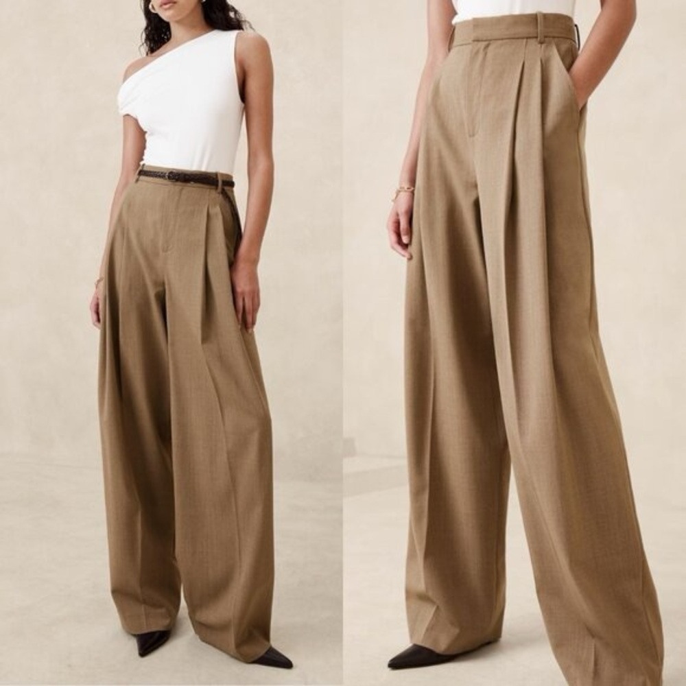 Menswear Style Camel Wide-Leg Wool Pants